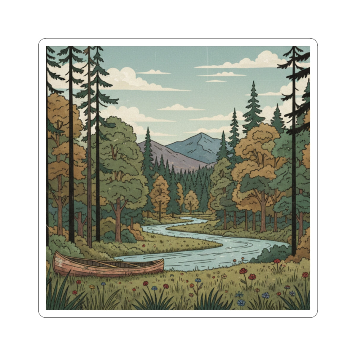 Vintage Forest River Sticker — Scenic Camping & Nature Laptop Decal