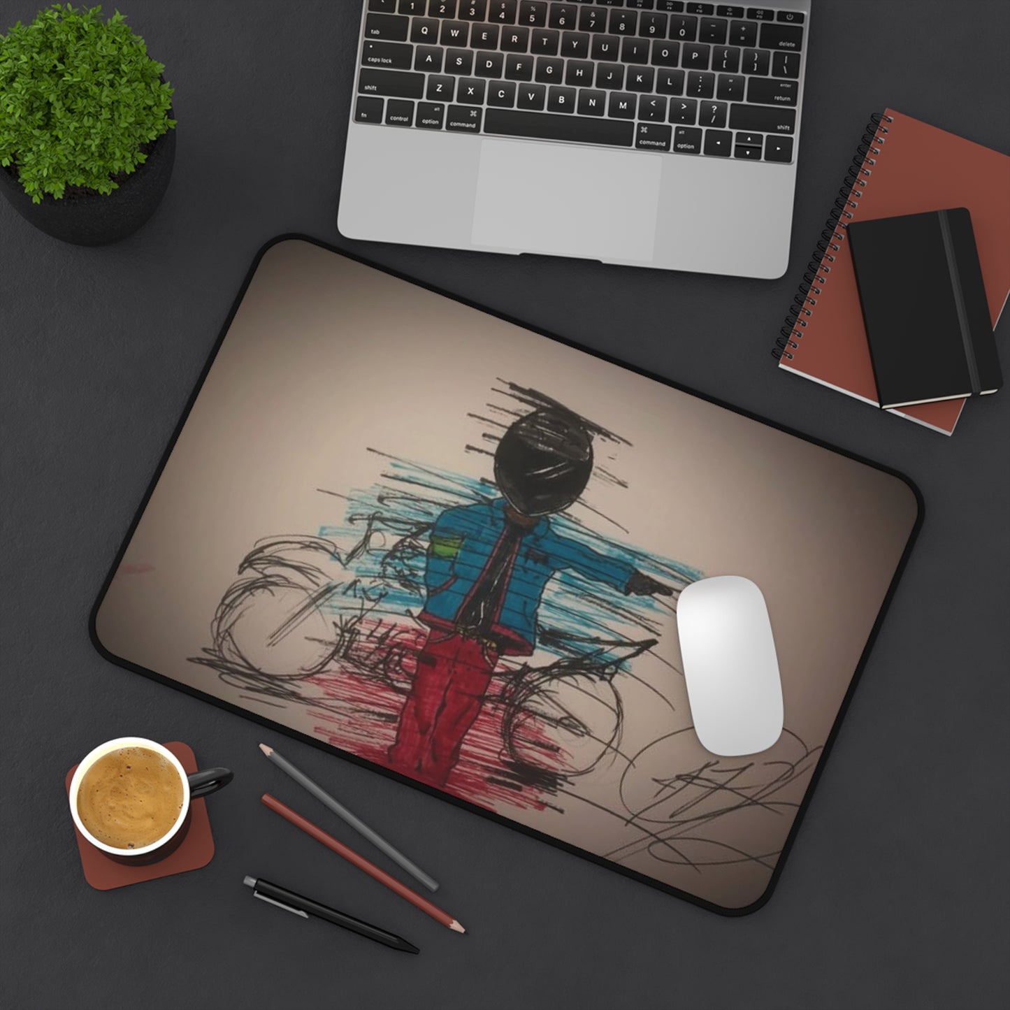 Motorbike Sketch Desk Mat — Hand-Drawn Rider Artwork Mouse Pad