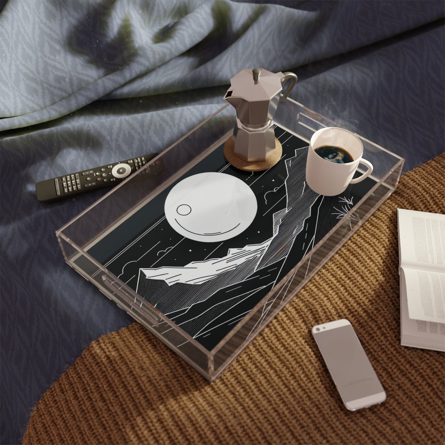Moonlit Mountain Acrylic Serving Tray — Black & White Minimalist Nightscape