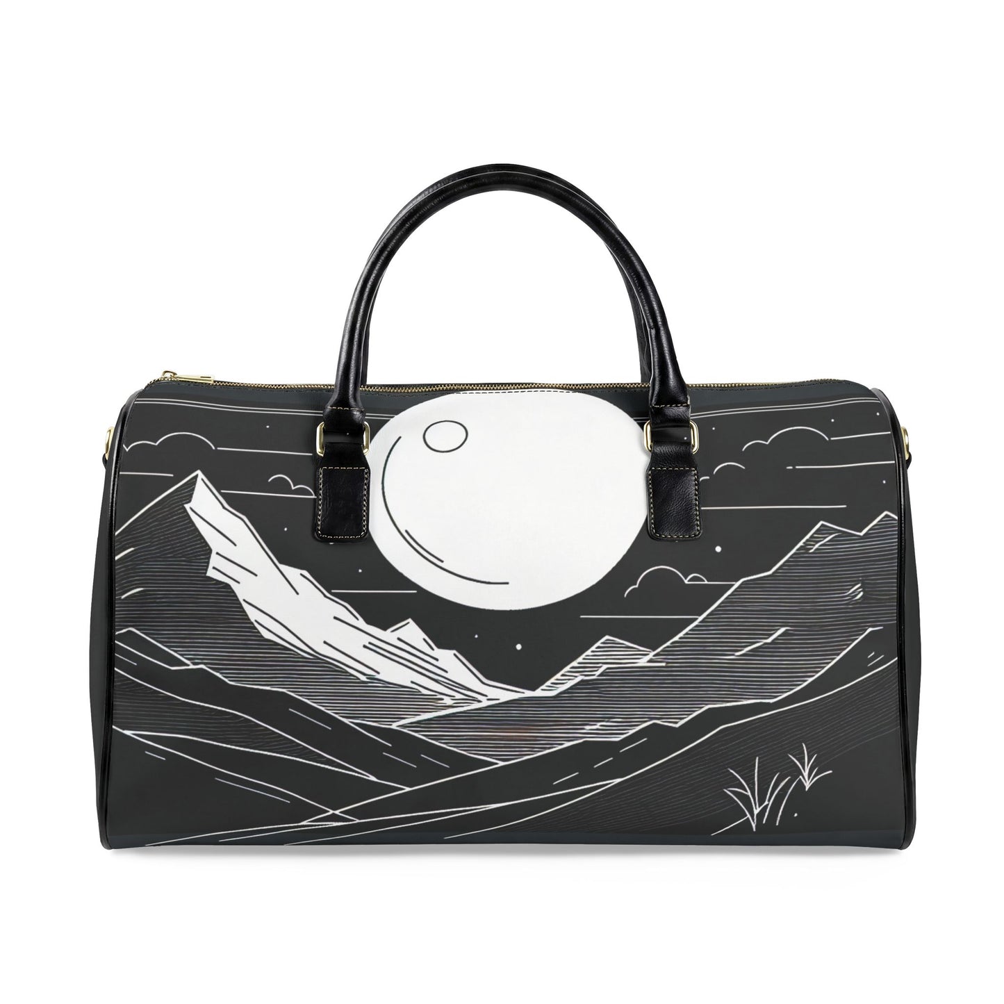 Moonlit Mountain Leather Bag — Hand-Drawn Nightscape Duffel
