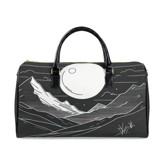 Moonlit Mountain Leather Bag — Hand-Drawn Nightscape Duffel