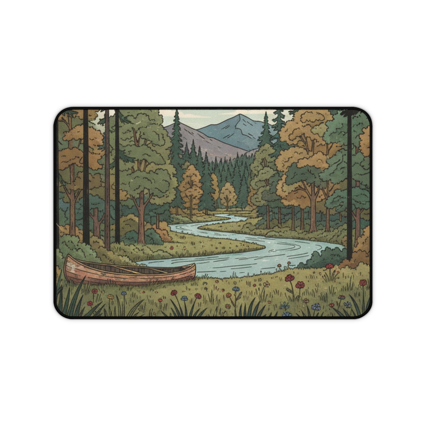 Camping River Desk Mat — Scenic Canoe & Forest Mousepad for Office & Gaming
