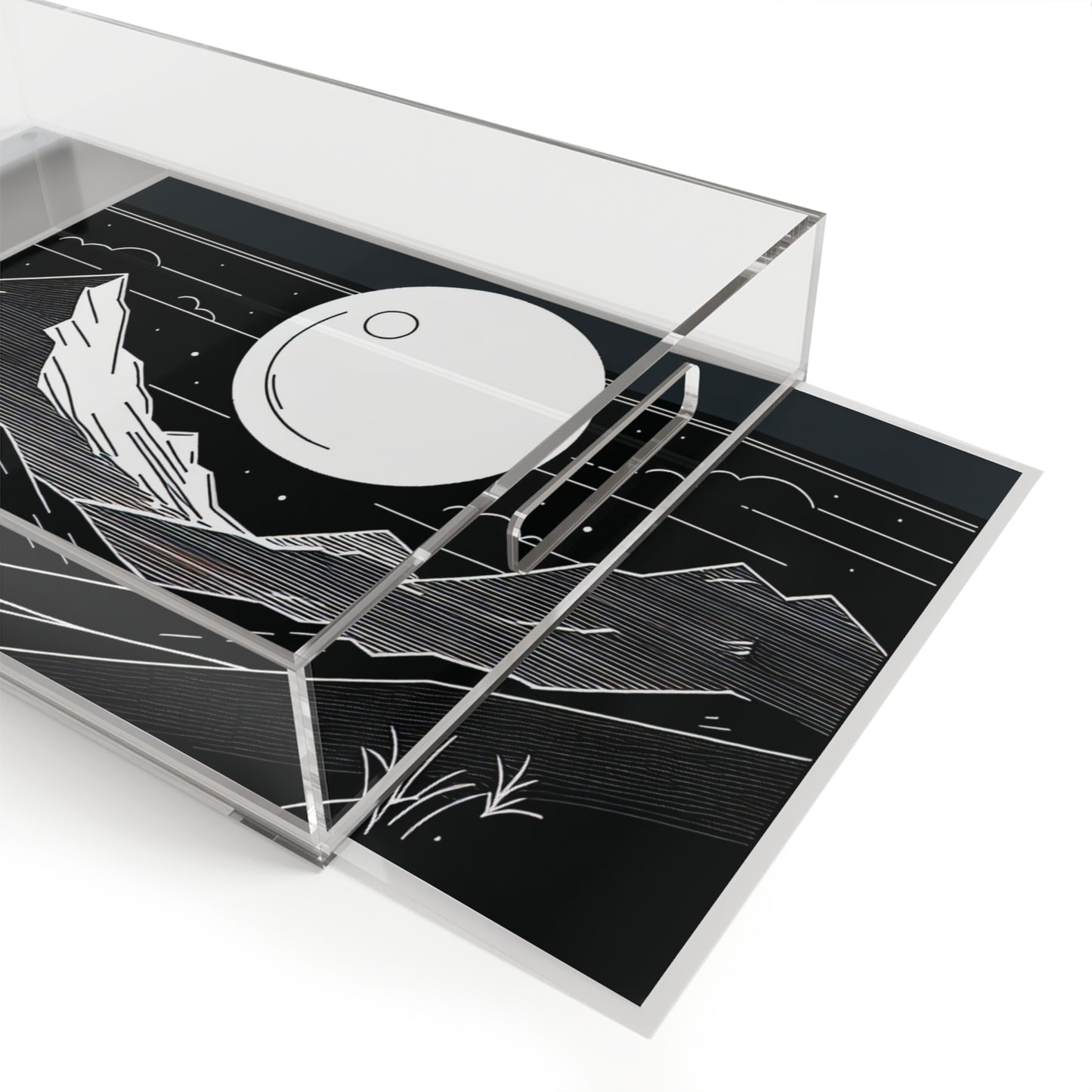 Moonlit Mountain Acrylic Serving Tray — Black & White Minimalist Nightscape