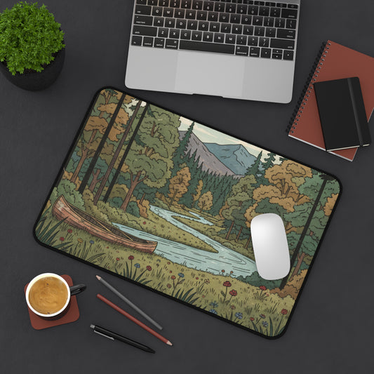 Camping River Desk Mat — Scenic Canoe & Forest Mousepad for Office & Gaming