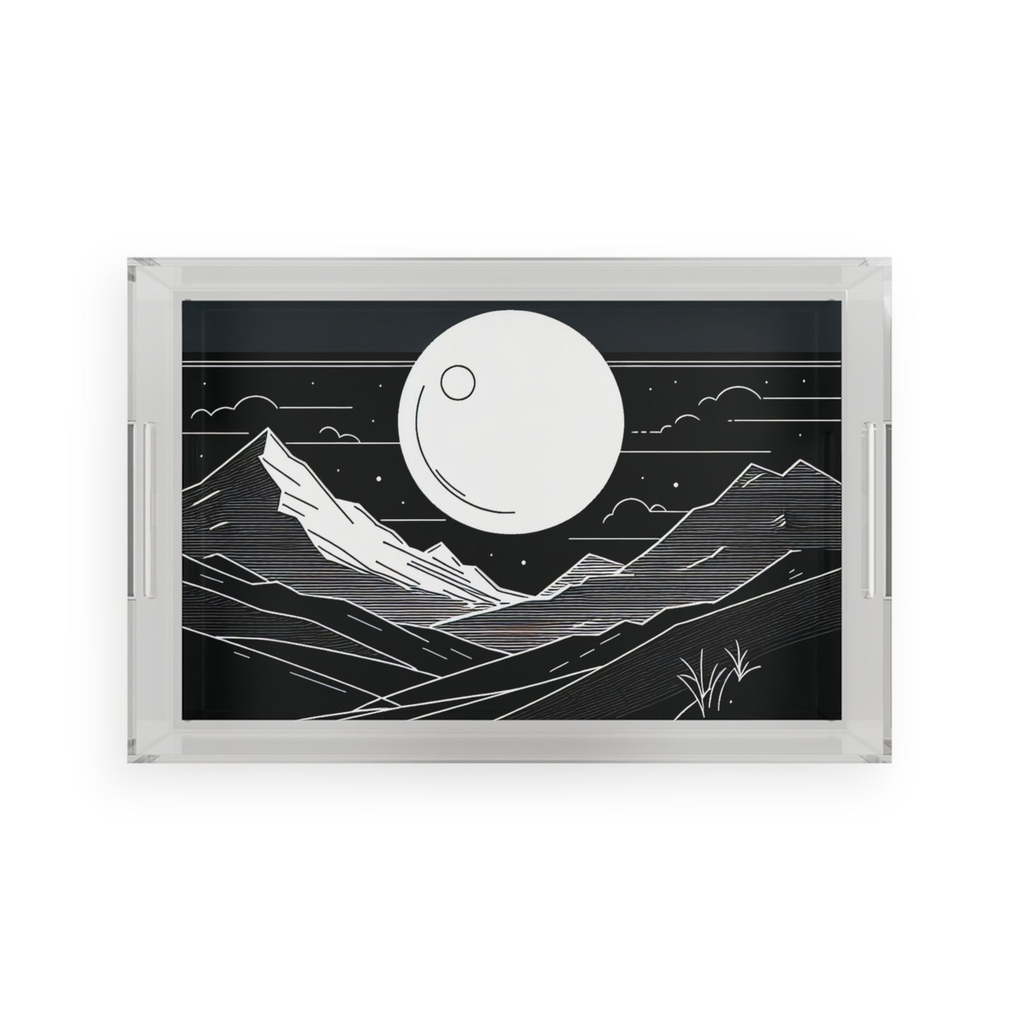 Moonlit Mountain Acrylic Serving Tray — Black & White Minimalist Nightscape